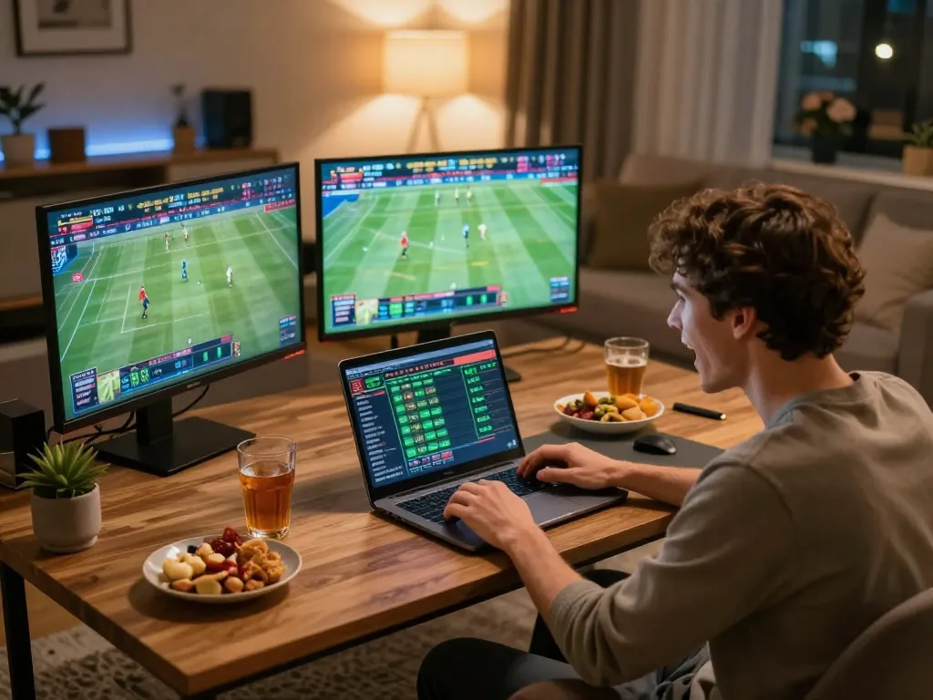 Engaging sports betting experience with kèo nhà cái updates displayed on screen while enjoying snacks.