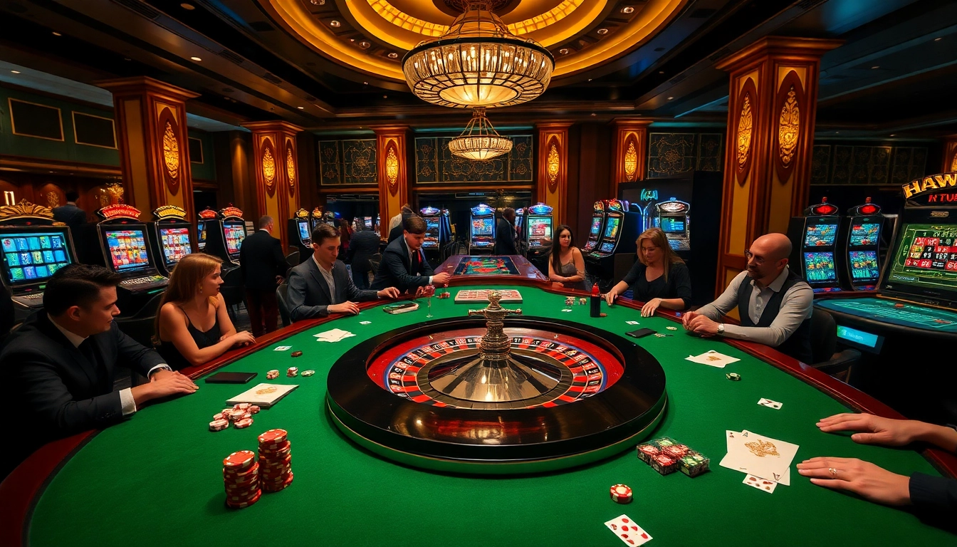 Experience thrilling gameplay at Haywin's luxurious casino with roulette, poker chips, and excited players.