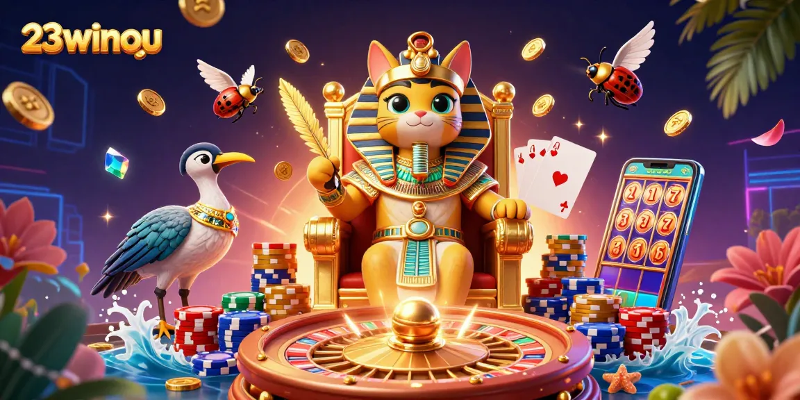 Play and win big at 23winou with captivating games and exciting features in this vibrant illustration.