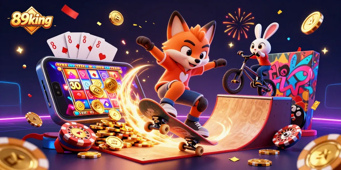 Experience the excitement of 89king with energetic characters in a vibrant casino-themed scene filled with games and celebrations.