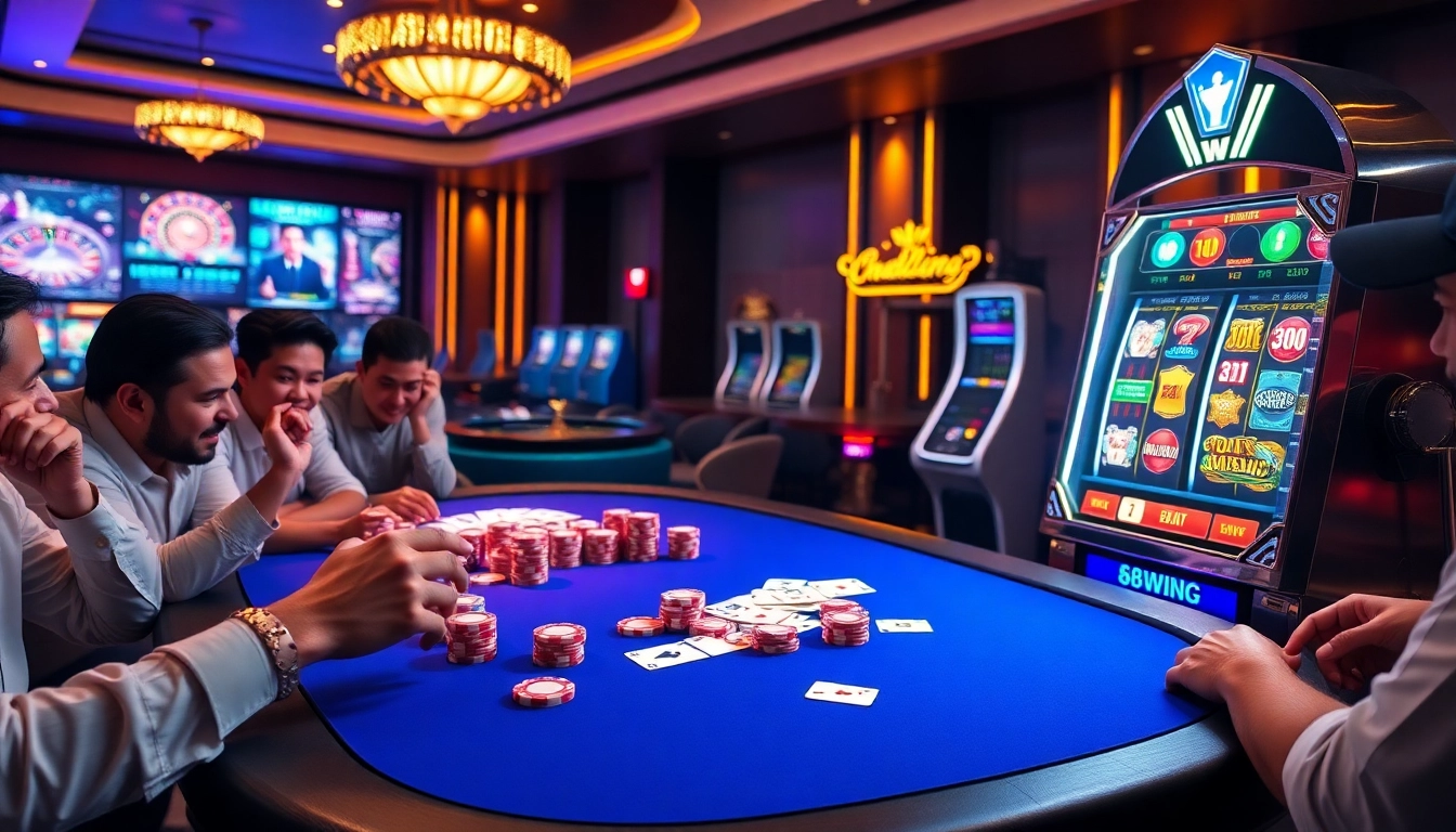Experience the excitement of sơ đồ trang web 68win while winning at casino tables with players and vibrant chips.