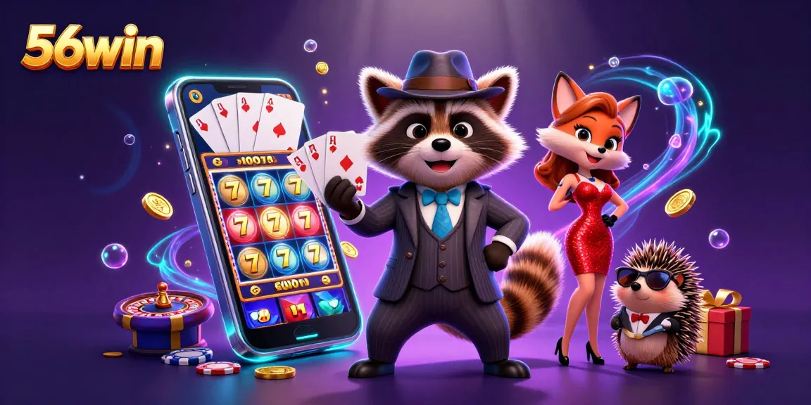 Experience the excitement of 56win with raccoon and fox in an engaging casino scene