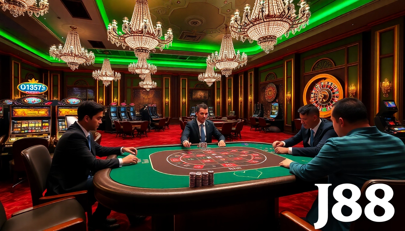 Players enjoying a high-stakes poker game at j88 casino, surrounded by glamour and excitement.