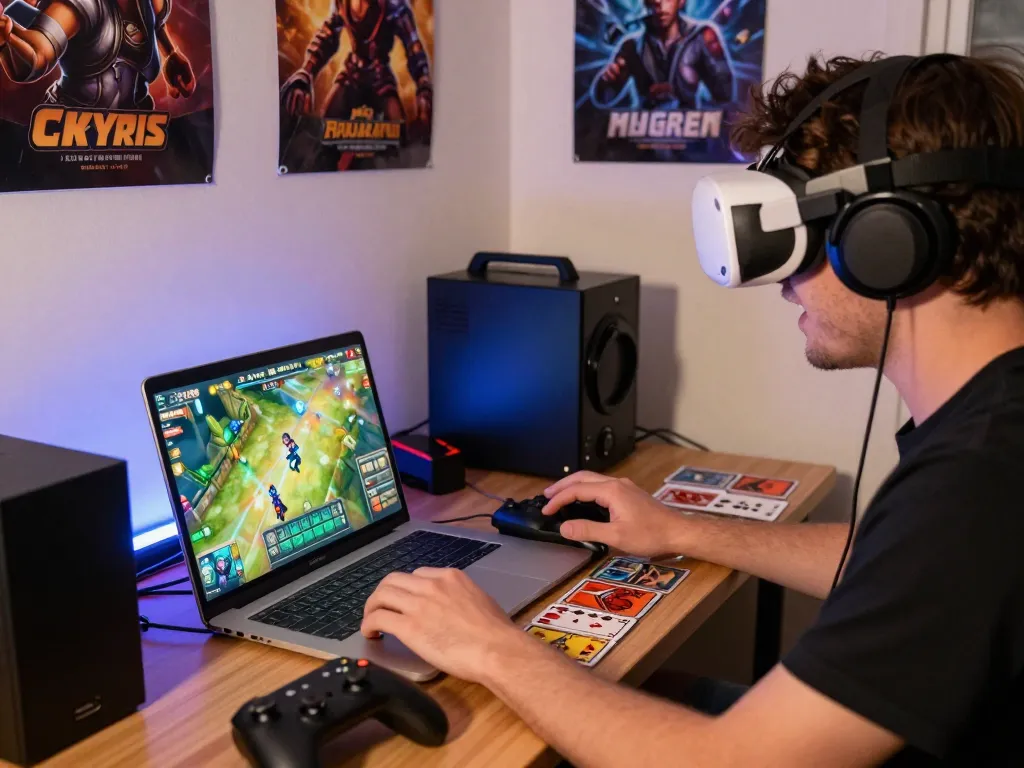 Exciting online gaming moment with rikvip, colorful cards, and gaming equipment.