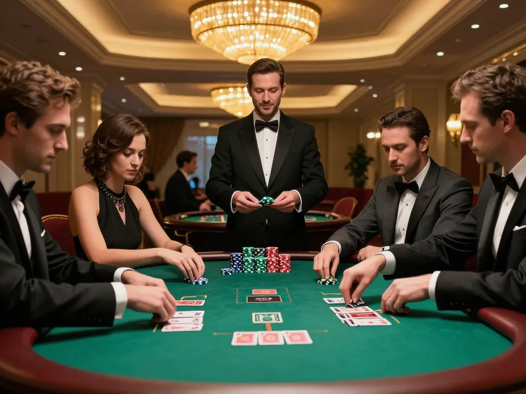 Engaging blackjack game on Trang chủ Vin88, with intense focus from players in elegant attire at the table.