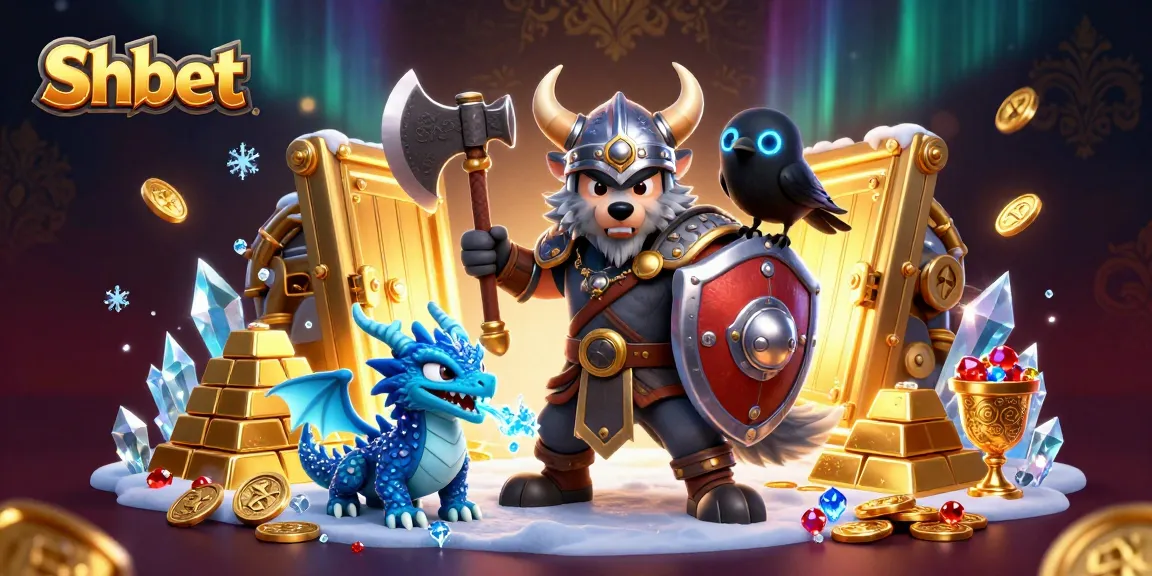 Shbet showcases a vibrant 3D Viking wolf warrior and dragon amidst riches, embodying thrilling online casino excitement.