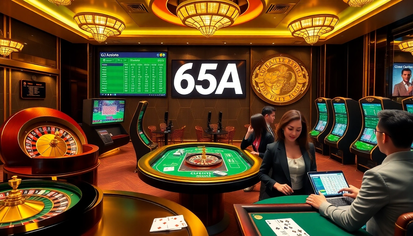 Players enjoying the 65A online casino experience with vibrant gaming elements and luxurious ambiance.