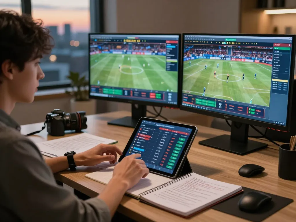 Engaging betting session at 88CLUB with user analyzing sports odds on tablet in cozy office.