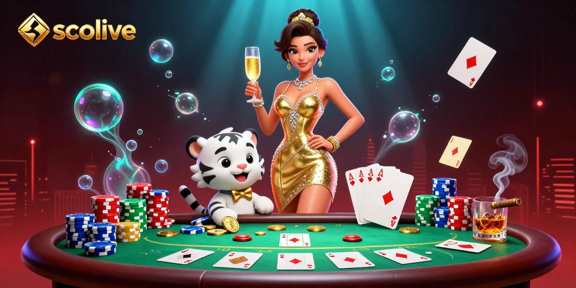 Socolive showcases a glamorous woman and a white tiger cub with poker chips, illustrating the excitement of live betting.
