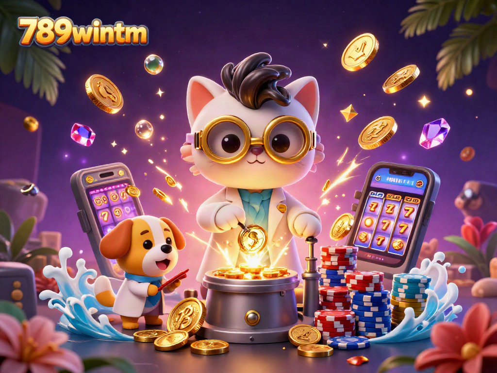 Spin to win with 789wintm's casino scene featuring a scientist cat and dog assistant!
