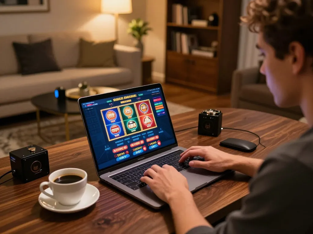 UU88 online gambling scene with player engaged in vibrant slots on laptop, showcasing a cozy atmosphere.