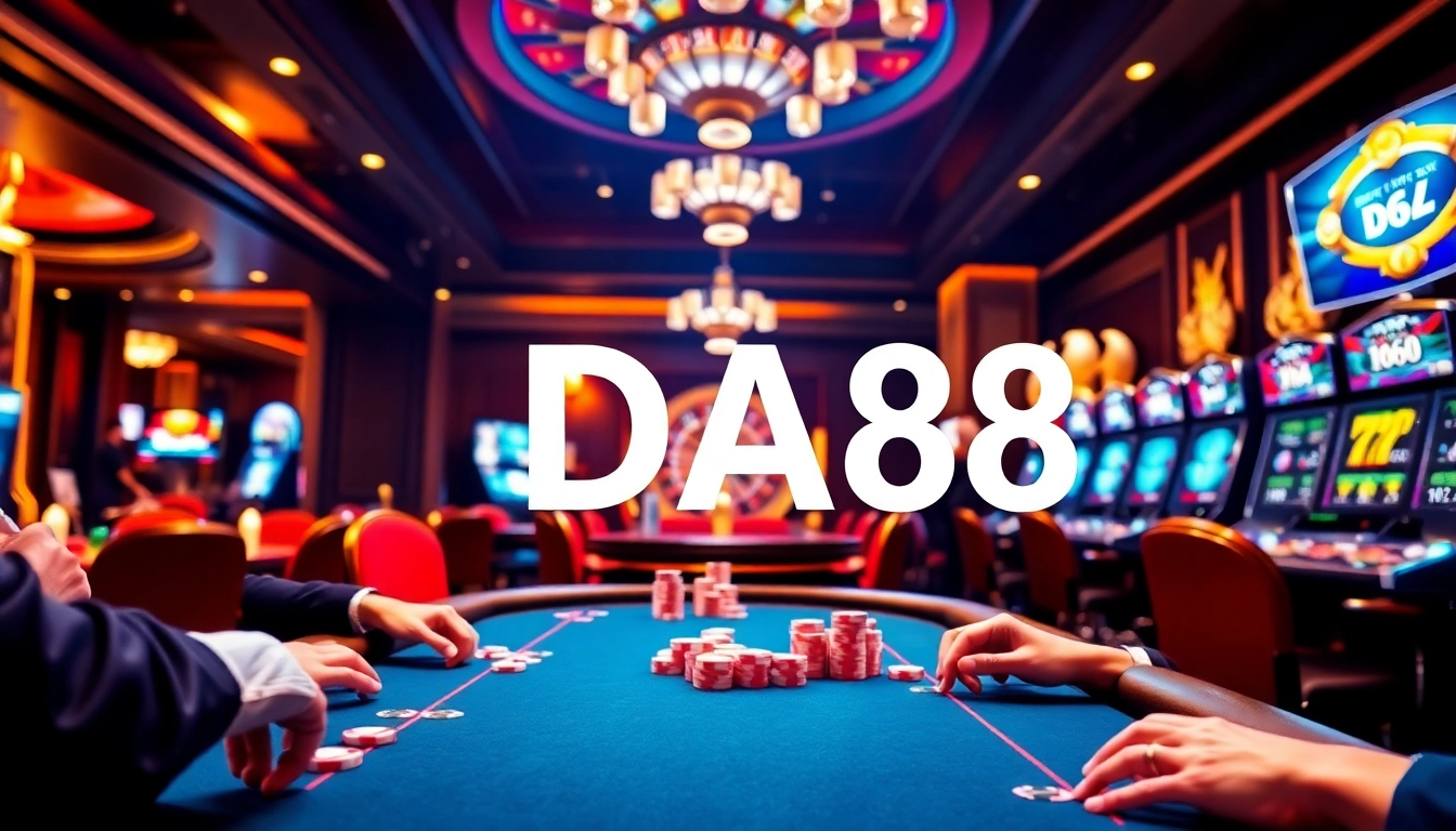 Players engaging with DA88 digital betting interfaces at an upscale casino.