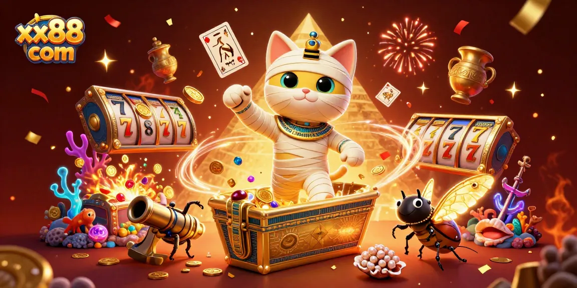 Experience the thrill of xx88 com with an Egyptian mummy cat in a colorful casino scene.