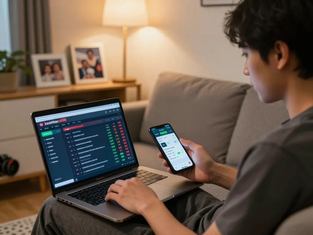 Person engaging with keonhacaii88 on a laptop while betting on sports in a cozy living room.