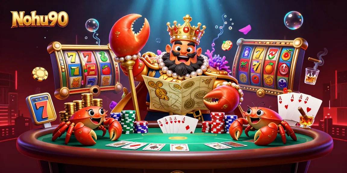 Nohu90 engages players with captivating slot action featuring golden crab emperor, jackpot counters, and vibrant game elements.