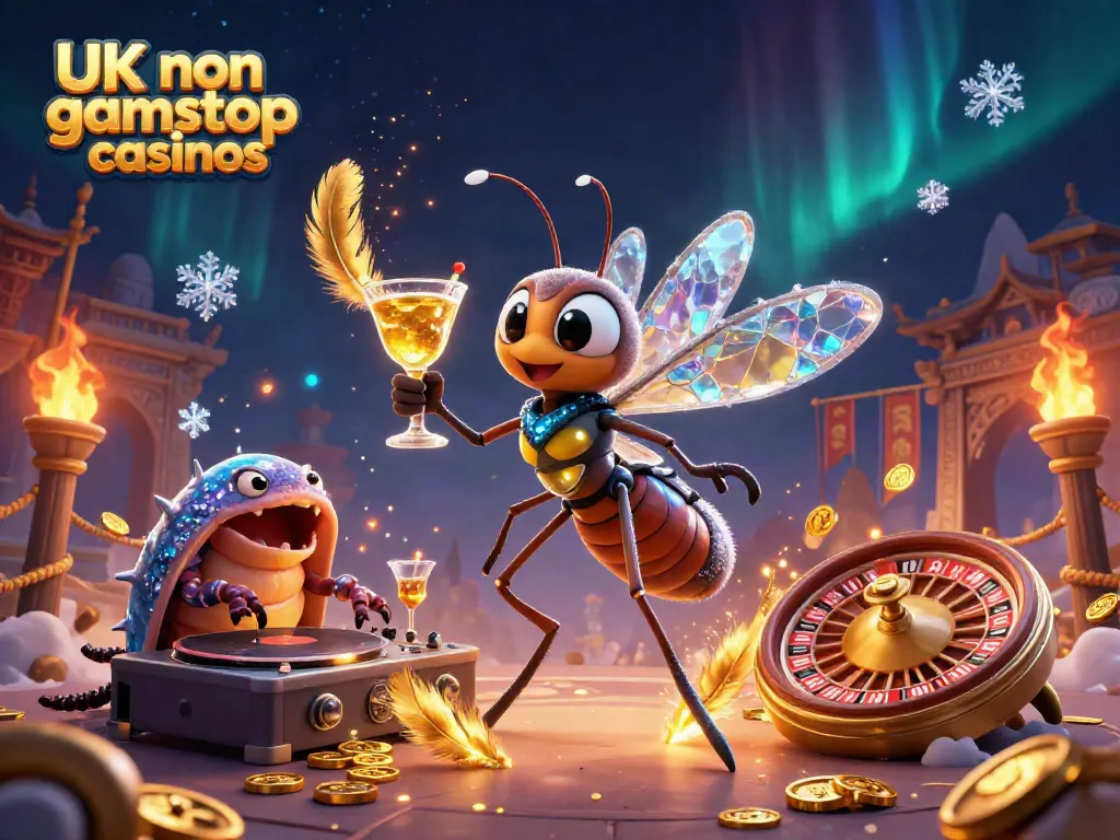 Engaging scene depicting UK non gamstop casinos with a mosquito mascot, trilobite DJ, and ammonite roulette.