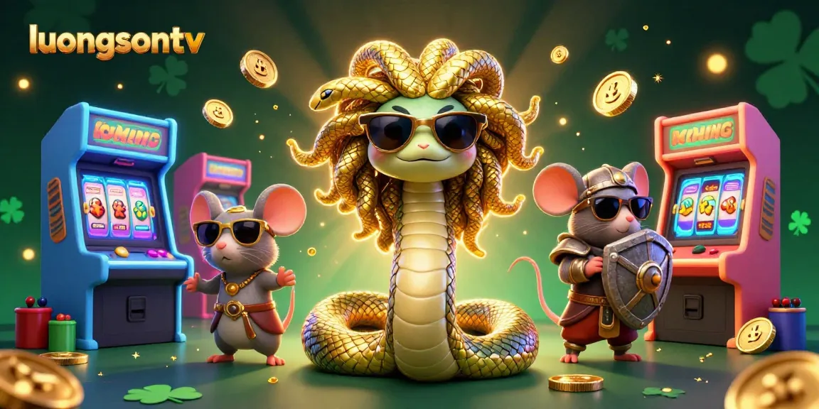 luongsontv showcases a vibrant and interactive casino illustration with Medusa and a warrior mouse among dynamic gaming elements.