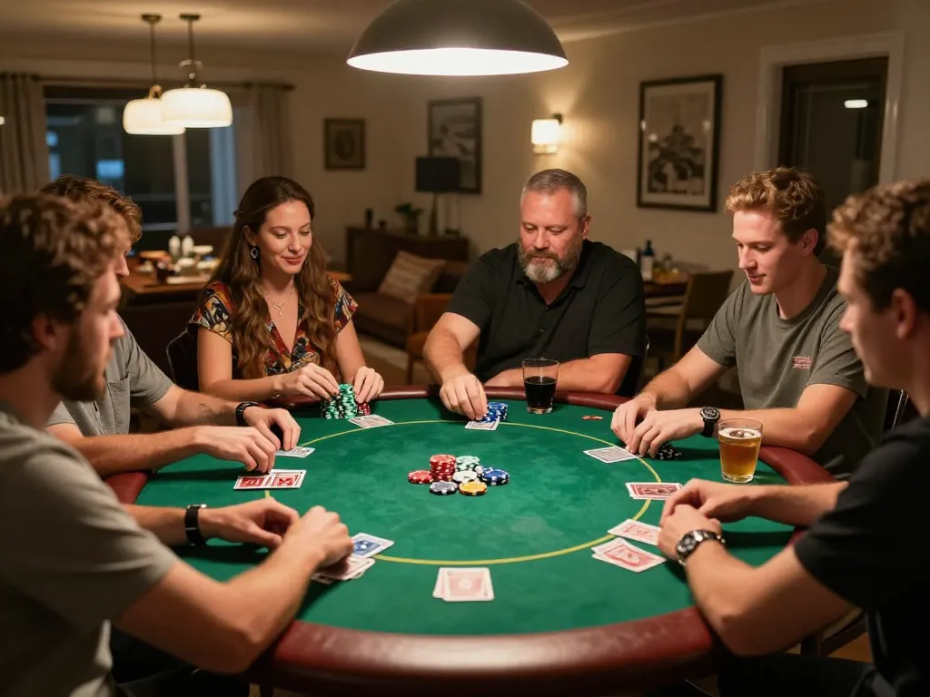 SHBET players strategizing and enjoying poker at home during a friendly game night.