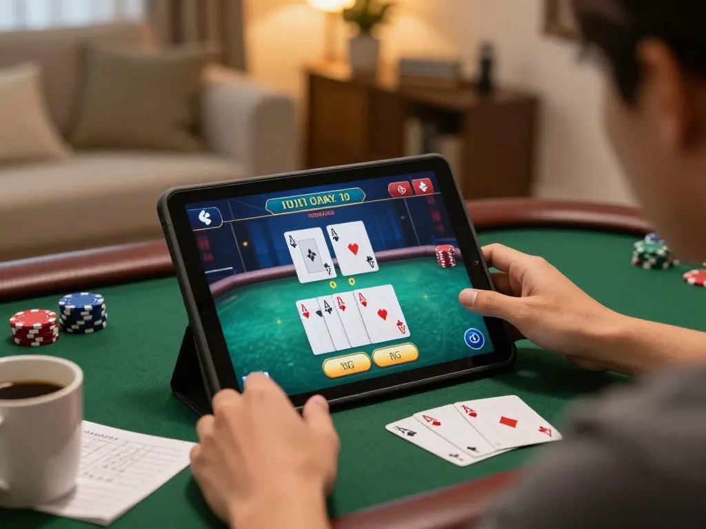 Engaged user playing poker on bl555 online casino tablet with strategy notes.