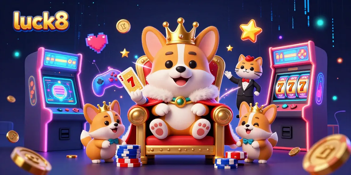 Engage in thrilling wins at luck8 with a royal corgi champion on a vibrant gaming scene.
