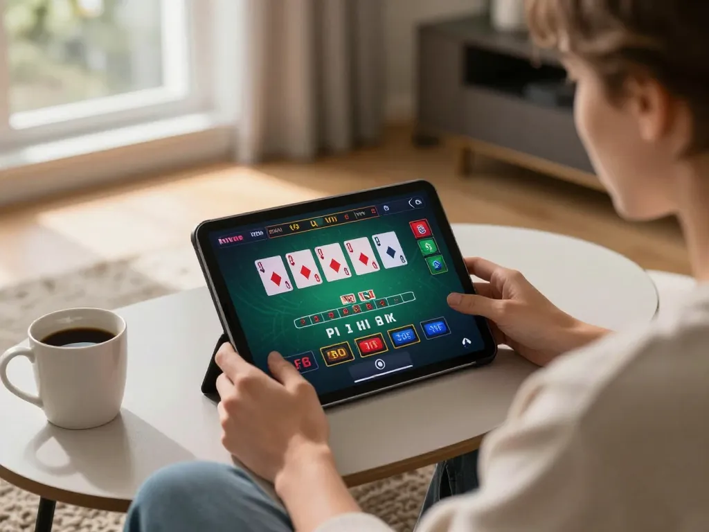 Engaging in online blackjack gaming at Trang chủ lucky88 on a tablet in a cozy home setup.