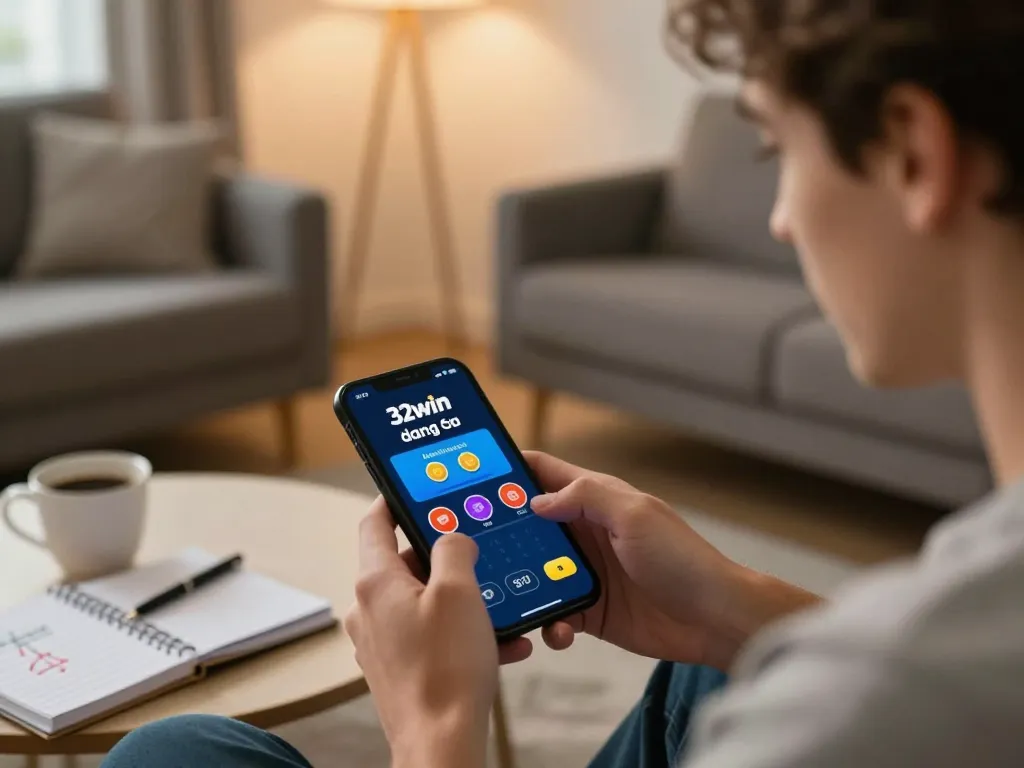 Engage in 32win đăng nhập with a mobile device in a cozy home setting, highlighting strategic betting.