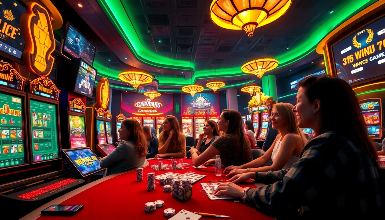 Exciting gaming atmosphere at luck8win.live with players enjoying slots and poker in a vibrant casino setting.