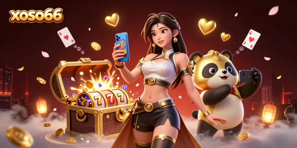 Xoso66 engages players with a vibrant 3D scene featuring an Asian woman enjoying a casino game with a panda mascot.