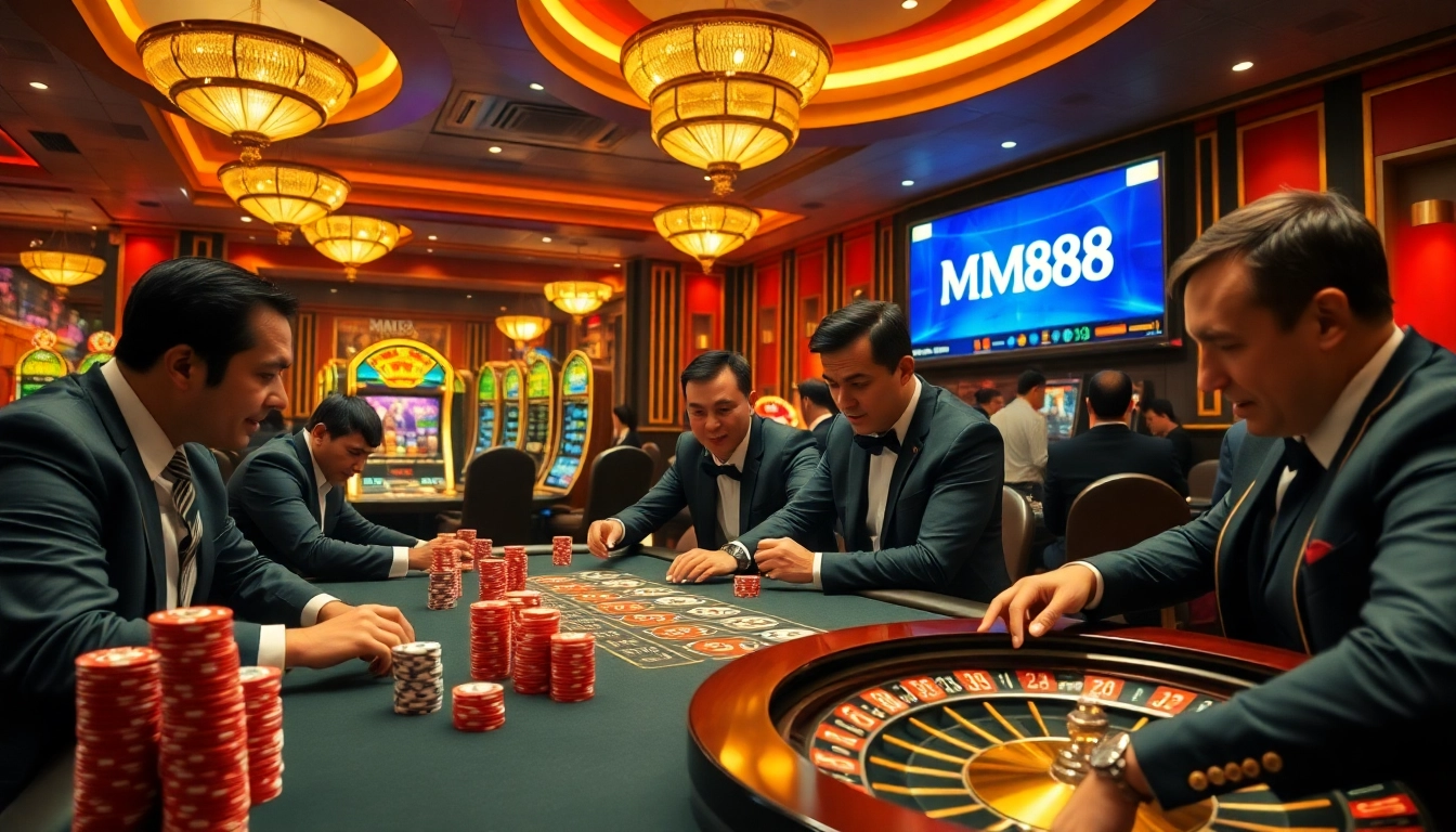 MM88 poker players enjoy a thrilling game at an elegant casino table with vibrant chips.