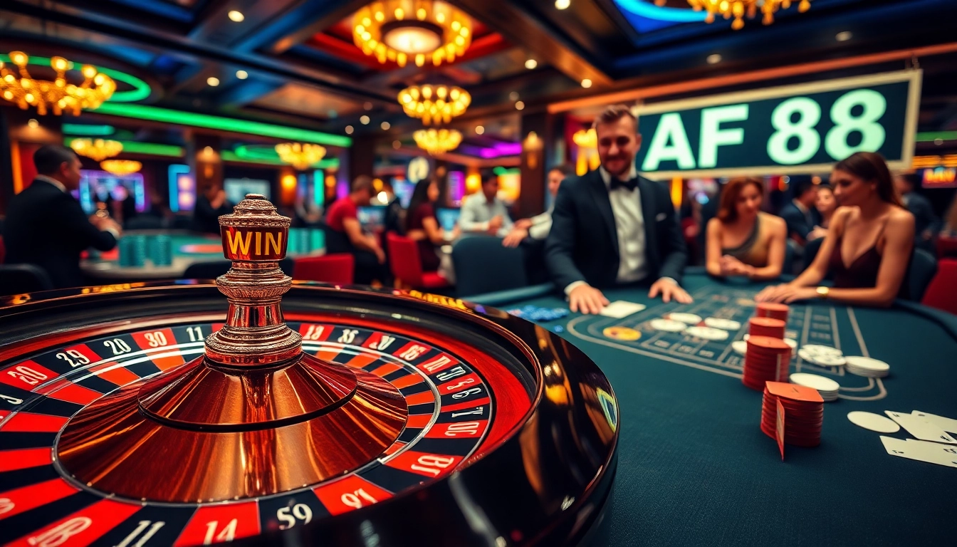 Experience the thrill of AF88 win at a luxurious casino with a roulette wheel and vibrant poker table.