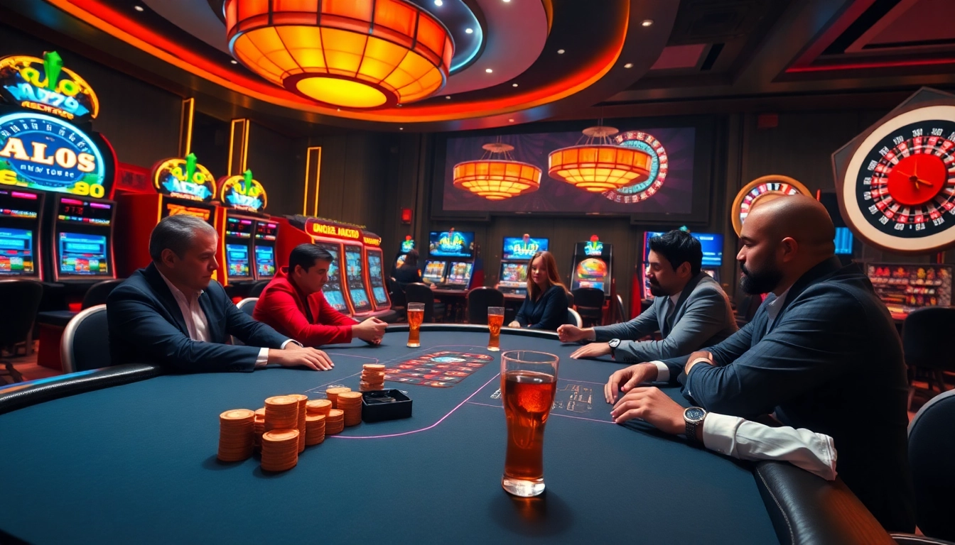 A vibrant casino scene with high-stakes poker players and ALO789 branding highlighting excitement.