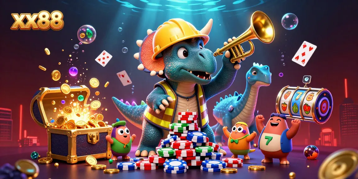 Engage with exciting gambling adventures at xx88 featuring triceratops building poker chips.