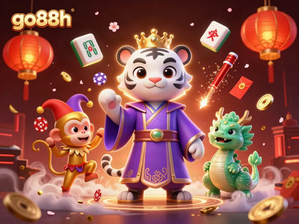 Engage with the vibrant world of go88h as a white tiger and monkey celebrate with casino elements.