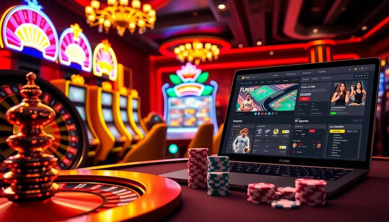 Experience excitement at Fun88 with a vibrant casino atmosphere showcasing roulette, slots, and sports betting