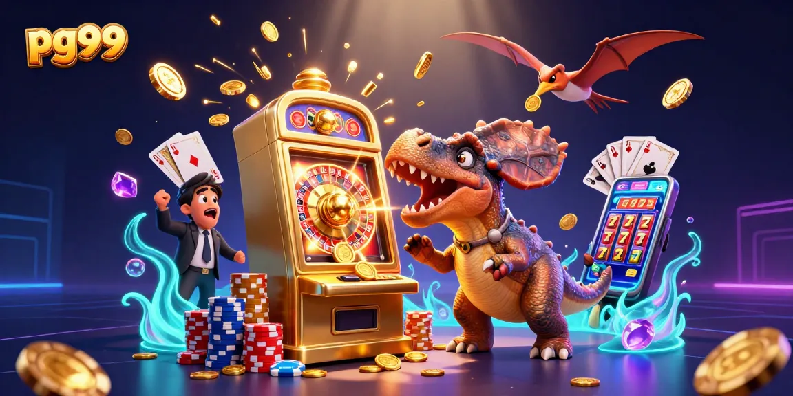 pg99 offers thrilling jackpot wins as a pachycephalosaurus hits a slot machine amidst a vibrant casino scene.