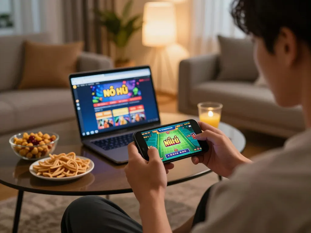 Nổ hũ gameplay on a smartphone in a cozy living room setting, highlighting relaxed online gambling.