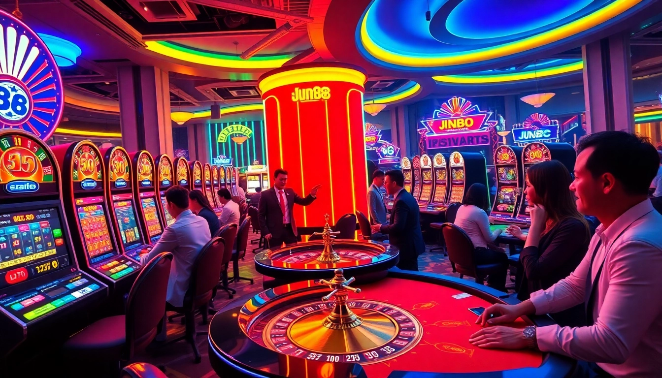 Experience the excitement of gambling with Jun88's vibrant casino scene showcasing roulette and slots.