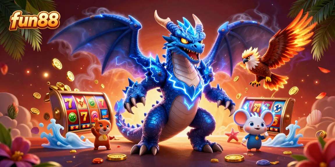 Engage in thrilling fun88 games with slots and mystical creatures in an electrifying 3D scene.