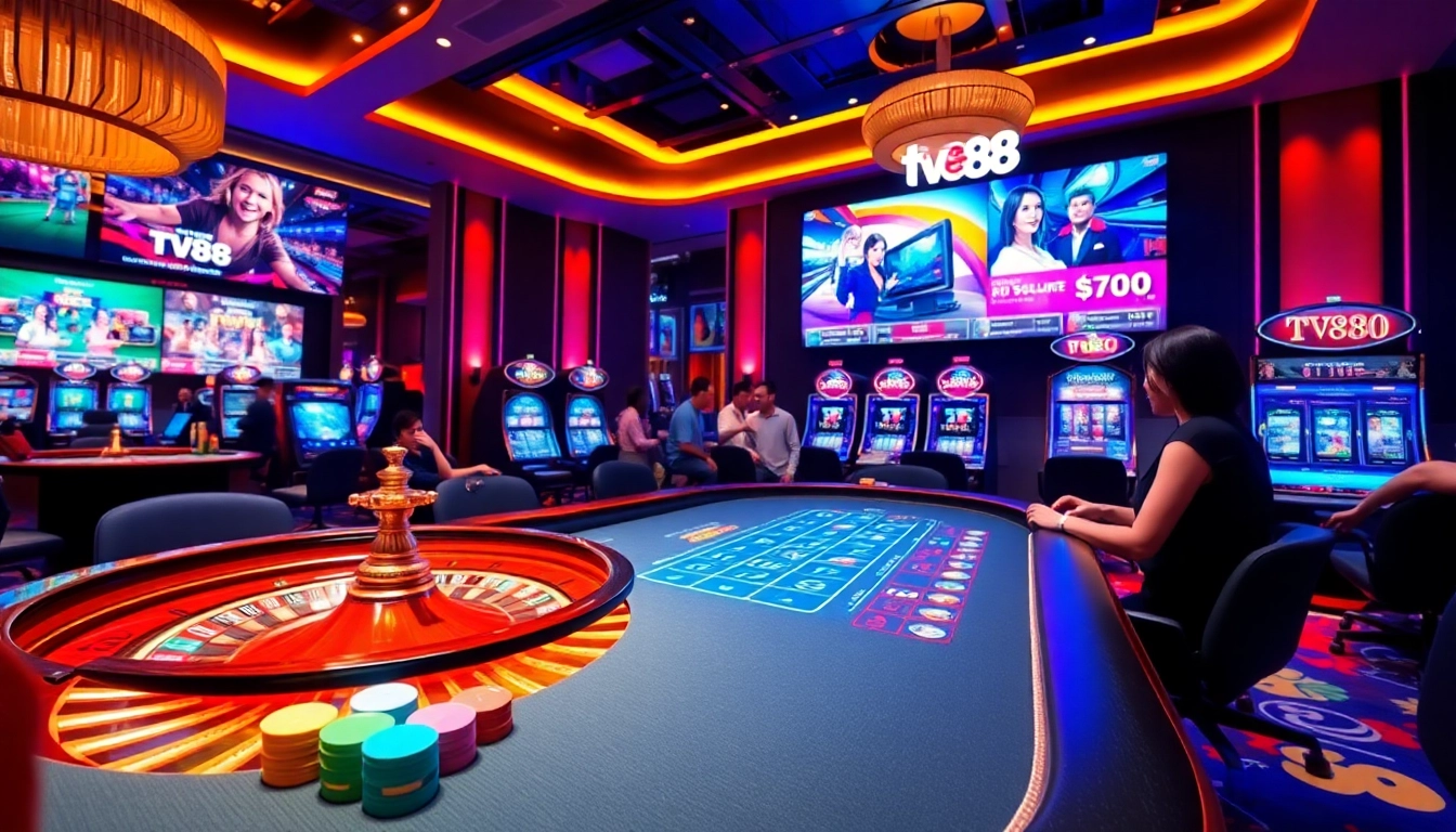 Experience the excitement of TV88 games at a luxurious casino with vibrant gaming tables and roulette wheels.