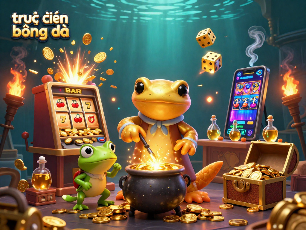Experience trực tiếp bóng đá with an enchanting 3D illustration of alchemy and casino elements for a magical gaming vibe.