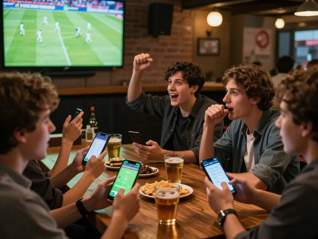 Fans enjoying sports betting together using the 7mcn app in an energetic bar setting.