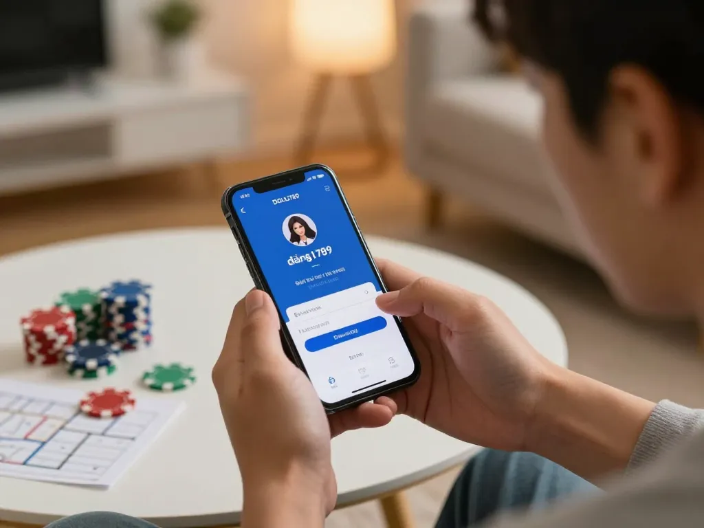 Log in to đăng nhập DOLA789 in a cozy gaming setup with smartphone showing casino app