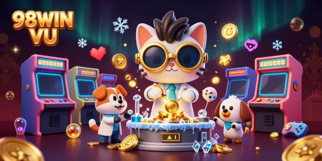 Experience the lively energy of 98WIN VU with vibrant casino-themed characters and games in an engaging 3D scene.