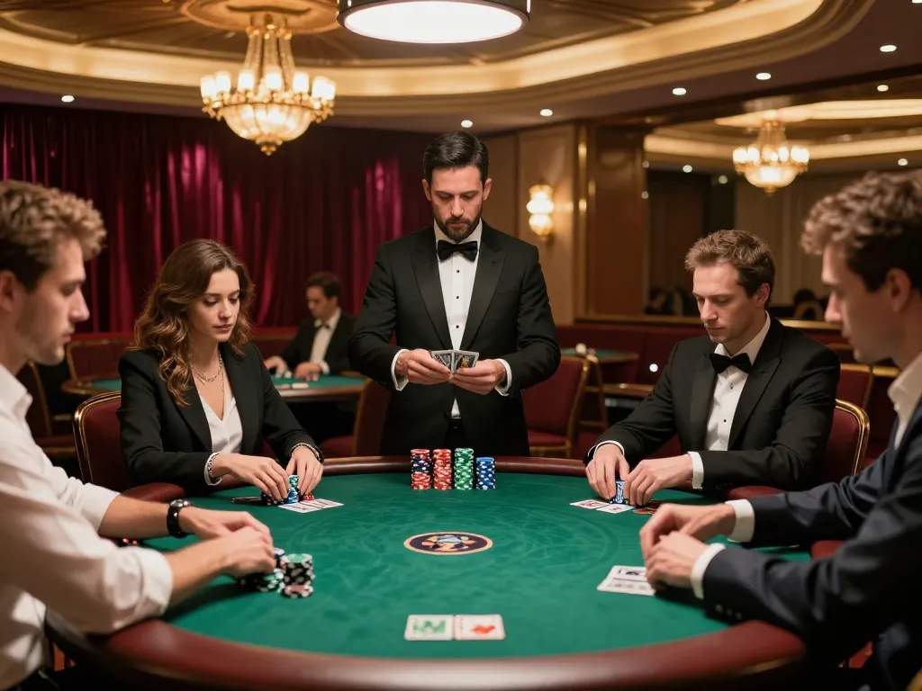 Engaged players at fb88 com poker table showcasing competitive gameplay in elegant casino atmosphere.