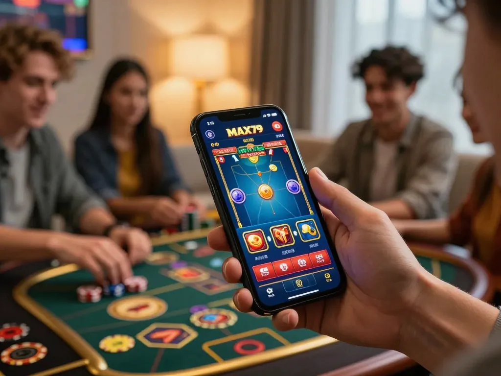 MAX79 users engaged in mobile casino gameplay showcasing vibrant app graphics and strategic interaction.