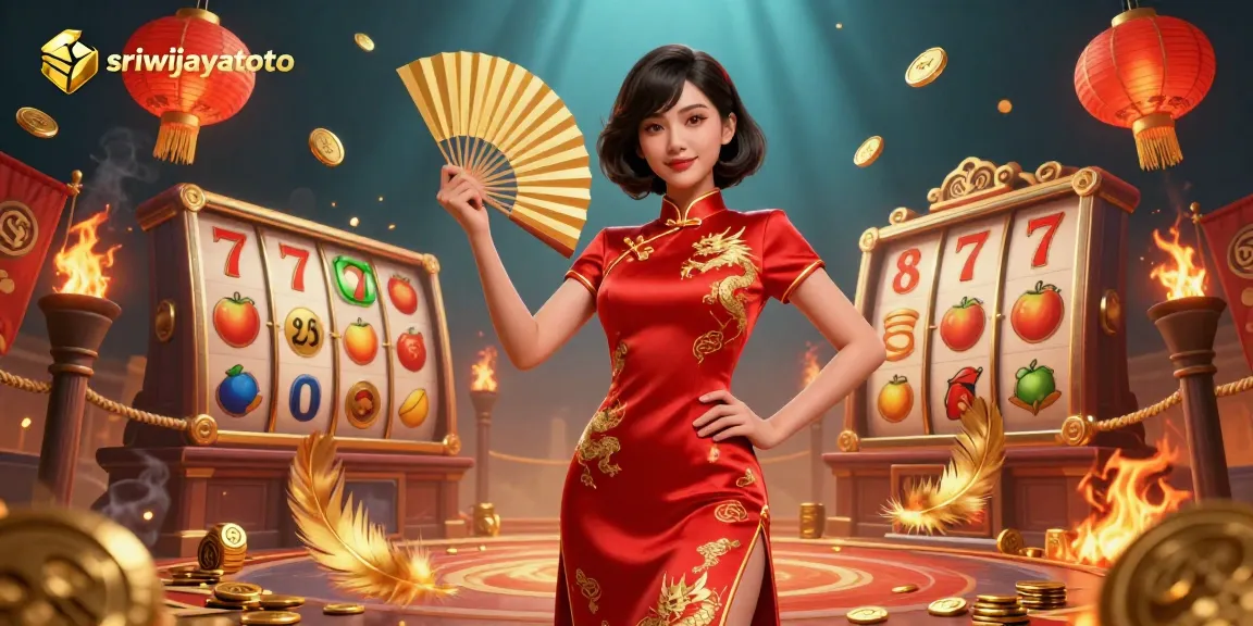 Sriwijayatoto showcases vibrant slot reels and golden elements in a dazzling casino scene.