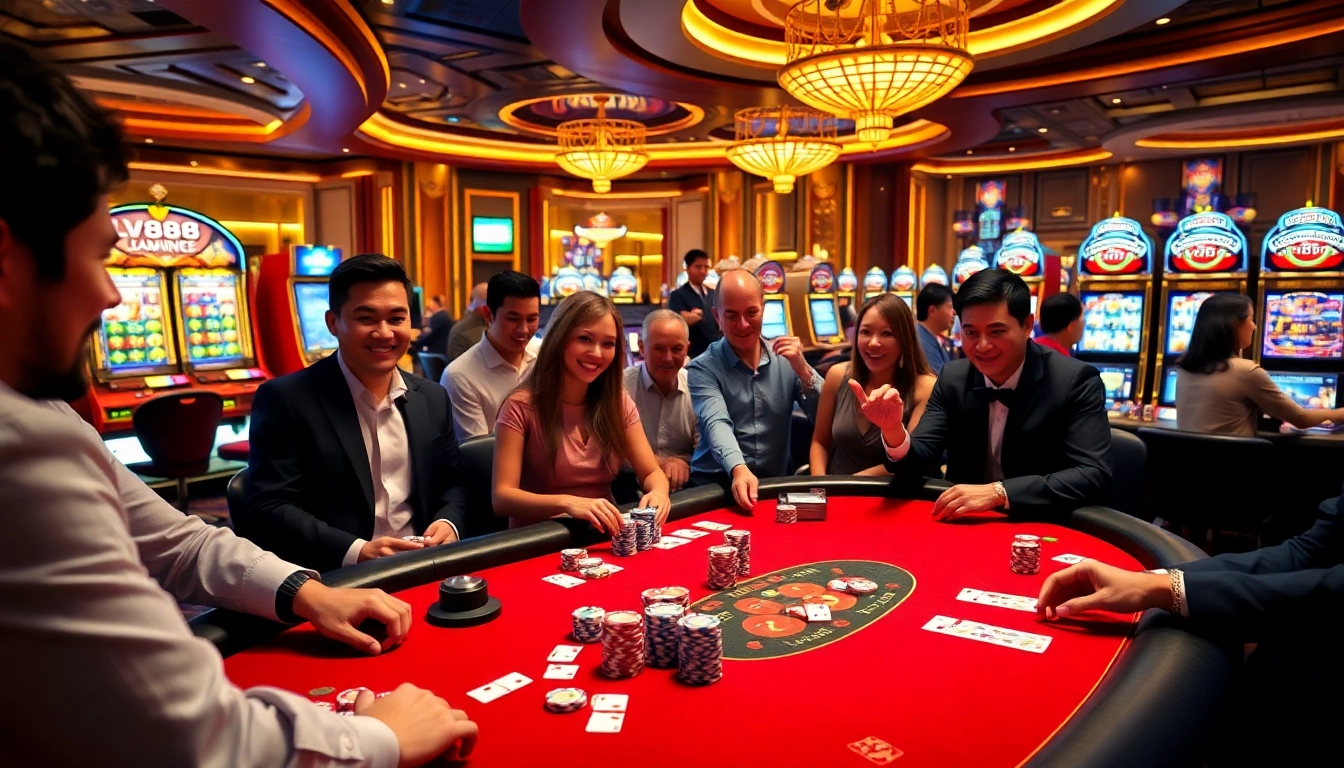 Engaging players at LV88 poker and slot tables highlight the excitement of online casino gaming.