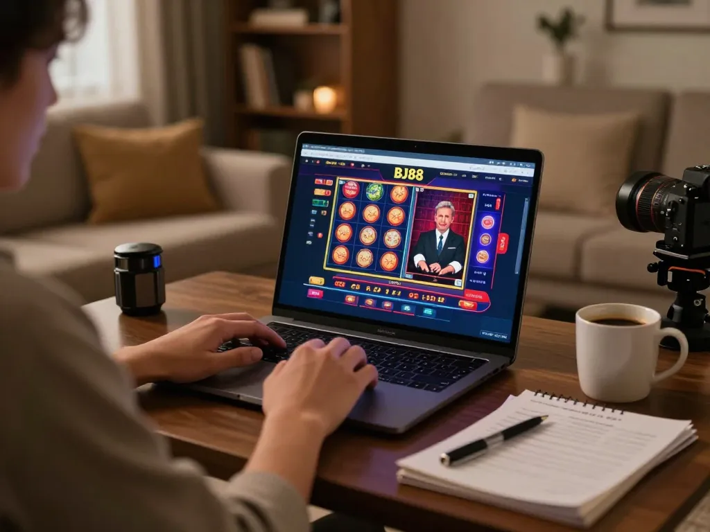 Player engaging with BJ88's online casino interface at home, showcasing a laptop setup and virtual dealer experience