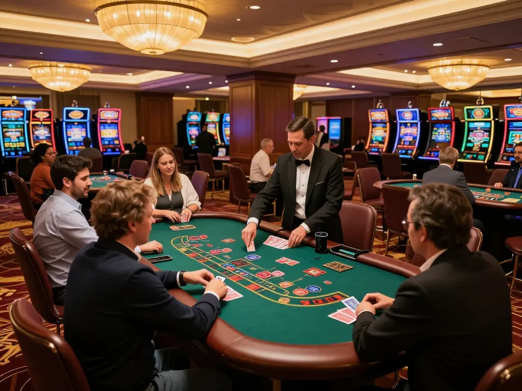 Players at a blackjack table in a vibrant casino atmosphere, showcasing the excitement of B52 gambling strategy.