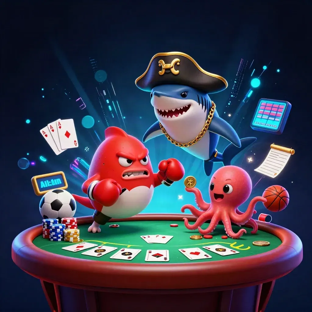 Pirate shark, boxing pufferfish and coin-juggling octopus amid neon casino props and glowing effects.